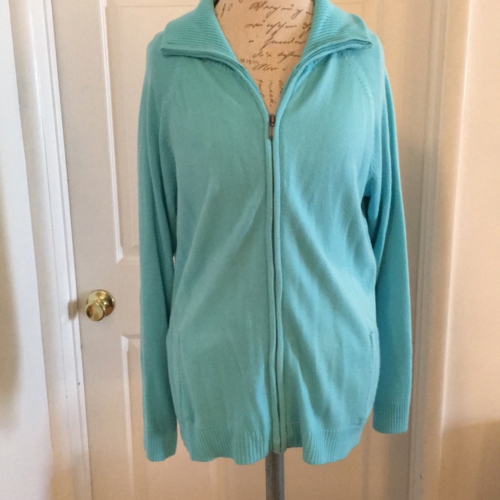 Soft turquoise blue zip up sweater jacket